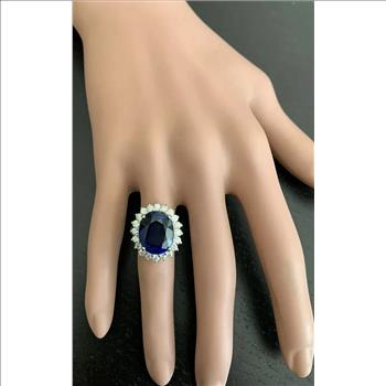 12.05Ct Lab Created Blue Sapphire & Natural Diamond 14K Solid White Gold Ring