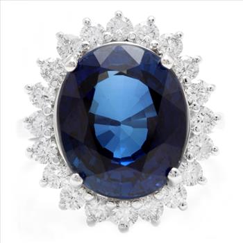 12.05Ct Lab Created Blue Sapphire & Natural Diamond 14K Solid White Gold Ring