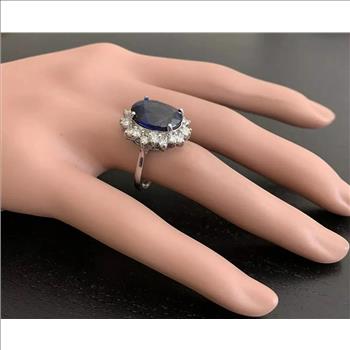 12.05Ct Lab Created Blue Sapphire & Natural Diamond 14K Solid White Gold Ring