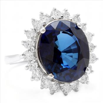12.05Ct Lab Created Blue Sapphire & Natural Diamond 14K Solid White Gold Ring
