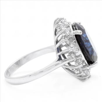 12.05Ct Lab Created Blue Sapphire & Natural Diamond 14K Solid White Gold Ring
