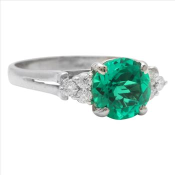 14K Solid White Gold Chatham Lab Created Emerald and Natural Diamond Ring