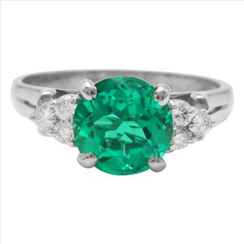 14K Solid White Gold Chatham Lab Created Emerald and Natural Diamond Ring
