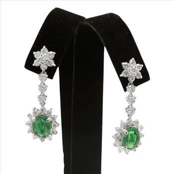 5.00 Carats Natural Emerald and Diamond 14K Solid White Gold Earrings