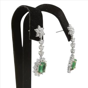 5.00 Carats Natural Emerald and Diamond 14K Solid White Gold Earrings