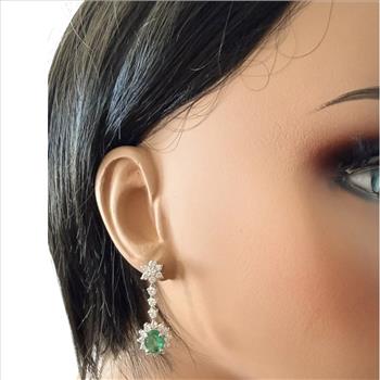 5.00 Carats Natural Emerald and Diamond 14K Solid White Gold Earrings