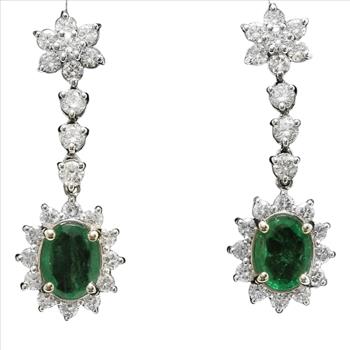 5.00 Carats Natural Emerald and Diamond 14K Solid White Gold Earrings