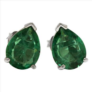 14K Solid White Gold Lab Created Emerald Earrings