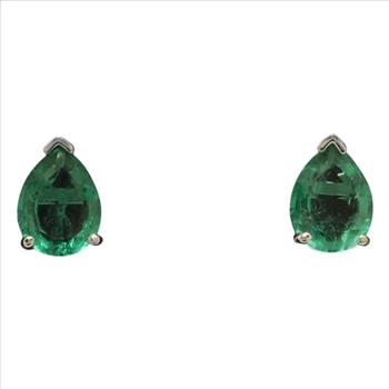 14K Solid White Gold Lab Created Emerald Earrings