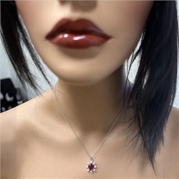 1.55Ct Natural Red Ruby and Diamond 14K Solid White Gold Necklace
