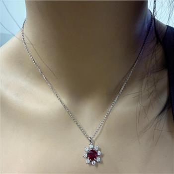 1.55Ct Natural Red Ruby and Diamond 14K Solid White Gold Necklace