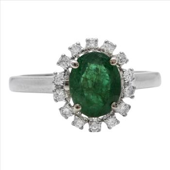1.70 Carats Exquisite Emerald and Diamond 14K Solid White Gold Ring