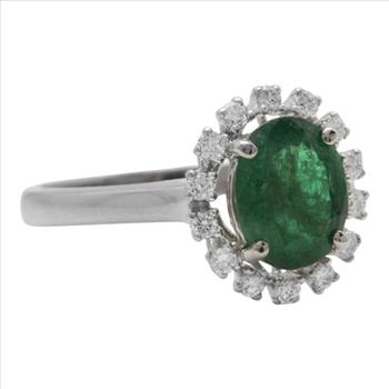 1.70 Carats Exquisite Emerald and Diamond 14K Solid White Gold Ring