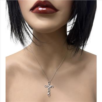 Natural Diamond Cross Necklace in 14K Solid White Gold