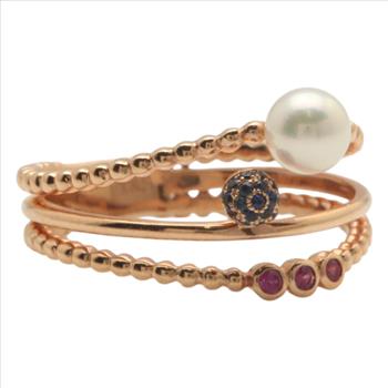 14K Solid Rose Gold Cultured Pearl Sapphire and Ruby Ring 