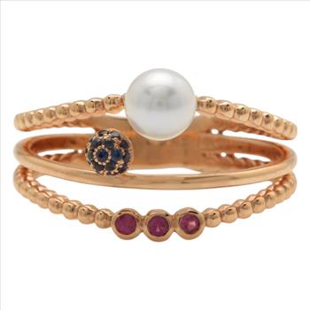 14K Solid Rose Gold Cultured Pearl Sapphire and Ruby Ring 