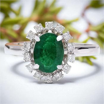 1.60Ct Natural Emerald and Diamond 14K Solid White Gold Ring
