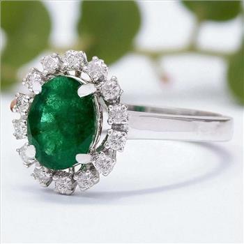 1.60Ct Natural Emerald and Diamond 14K Solid White Gold Ring