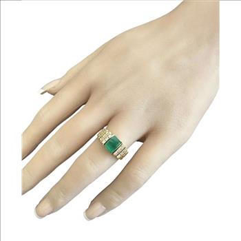  Natural Emerald and Diamond 18K Solid Yellow Gold Ring