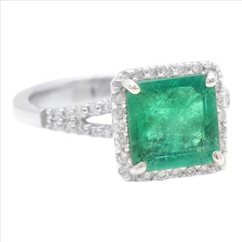 4.00 Carats Natural Emerald and Diamond 14K Solid White Gold Ring