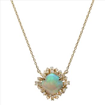 3.80Ct Natural Ethiopian Opal and Diamond 14K Solid Yellow Gold Necklace