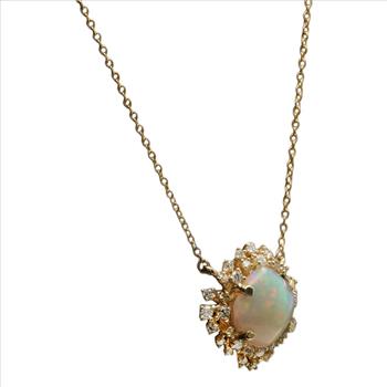 3.80Ct Natural Ethiopian Opal and Diamond 14K Solid Yellow Gold Necklace