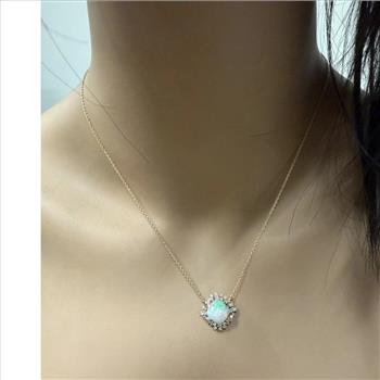 3.80Ct Natural Ethiopian Opal and Diamond 14K Solid Yellow Gold Necklace