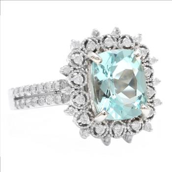 3.50 Carats Natural Aquamarine and Diamond 14K Solid White Gold Ring