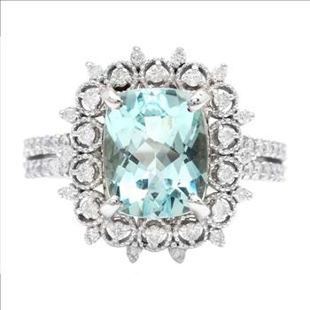 3.50 Carats Natural Aquamarine and Diamond 14K Solid White Gold Ring