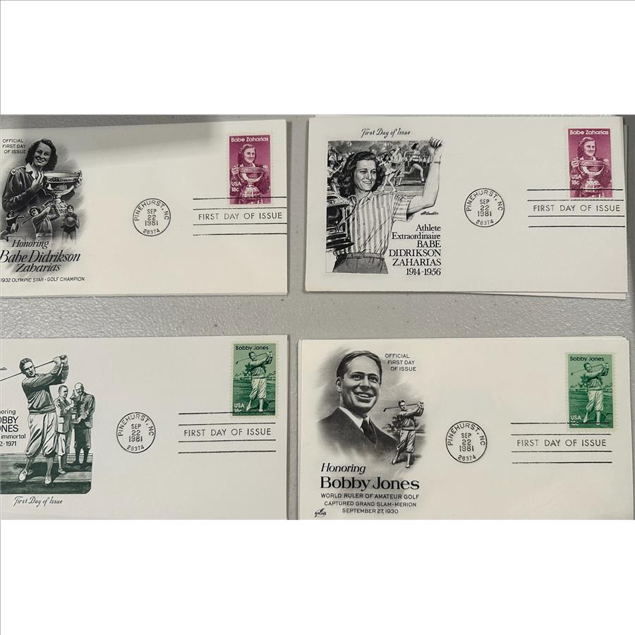 10 pc Lot (5ea) First Issue Stamps Babe Didrikson Zaharias/Bobby Jones