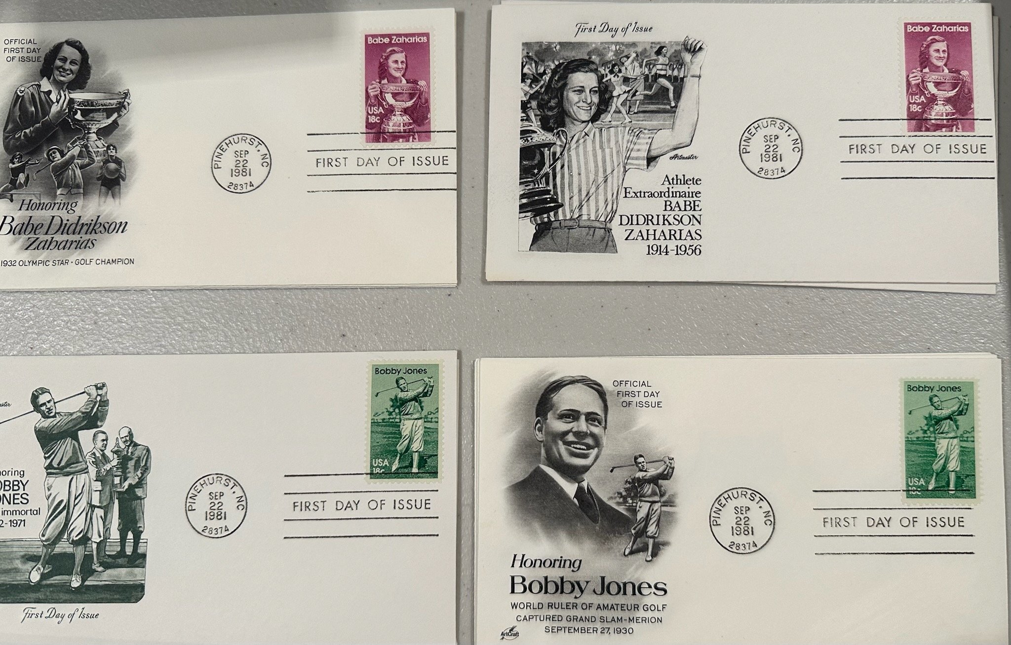 10 pc Lot (5ea) First Issue Stamps Babe Didrikson Zaharias/Bobby Jones