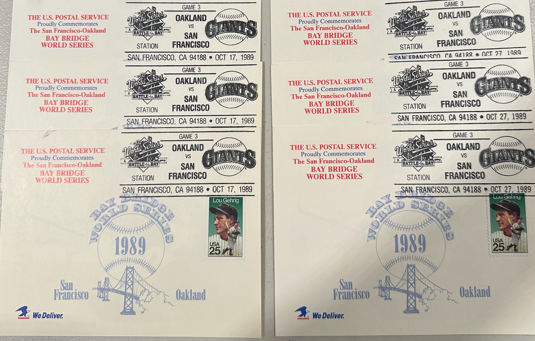 6 pc Lot U.S. Postal Service Commemorative San Francisco-Oakland Bay Bridge World Series Post Cards