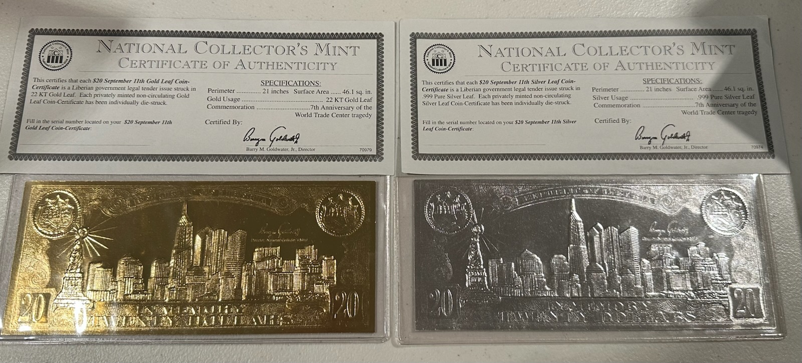 National Collector's Mint September 11th Coin Certificate (Gold Leaf/Silver Leaf