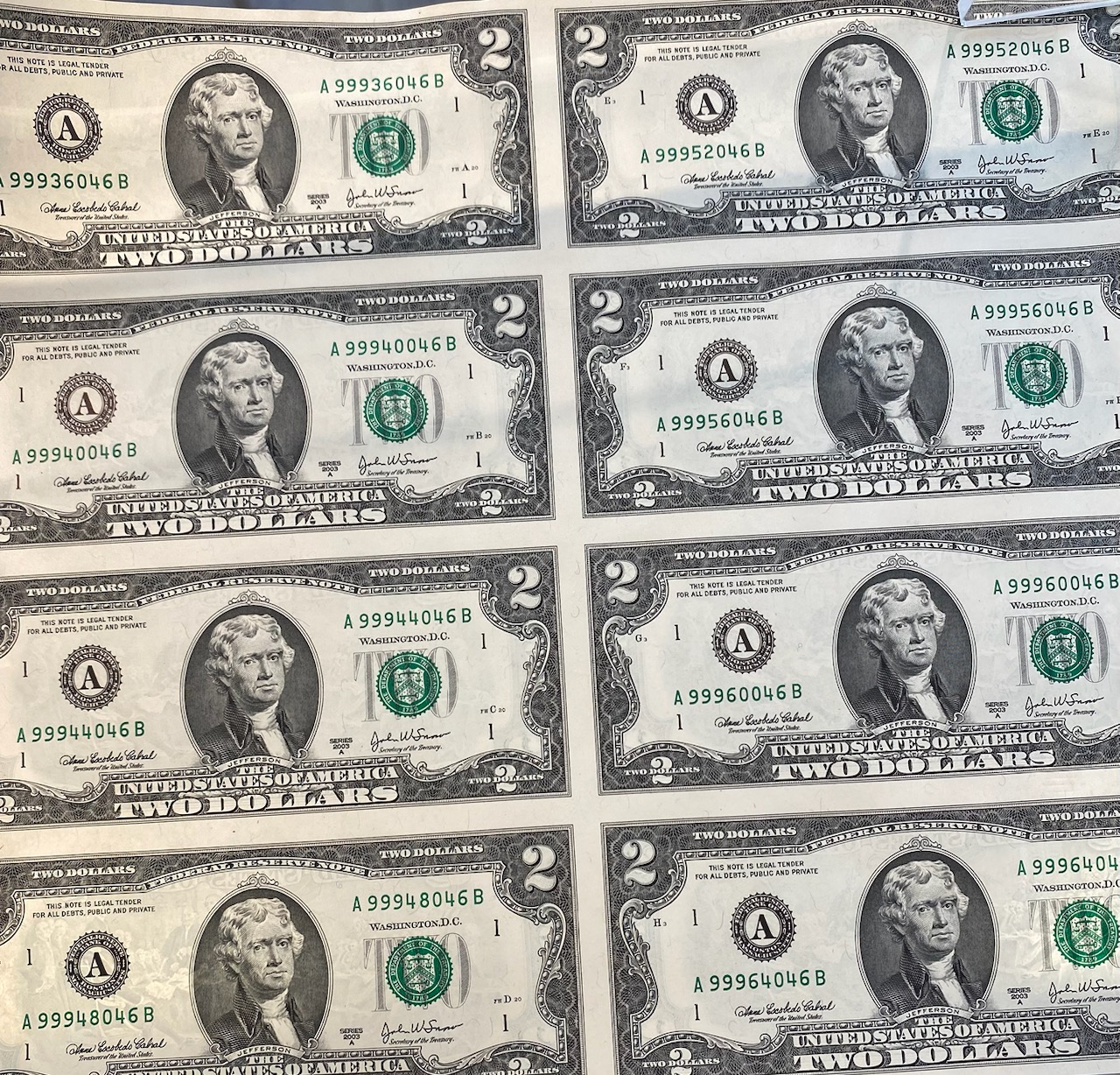 2003-A 8 Uncut $2 Bills | Property Room