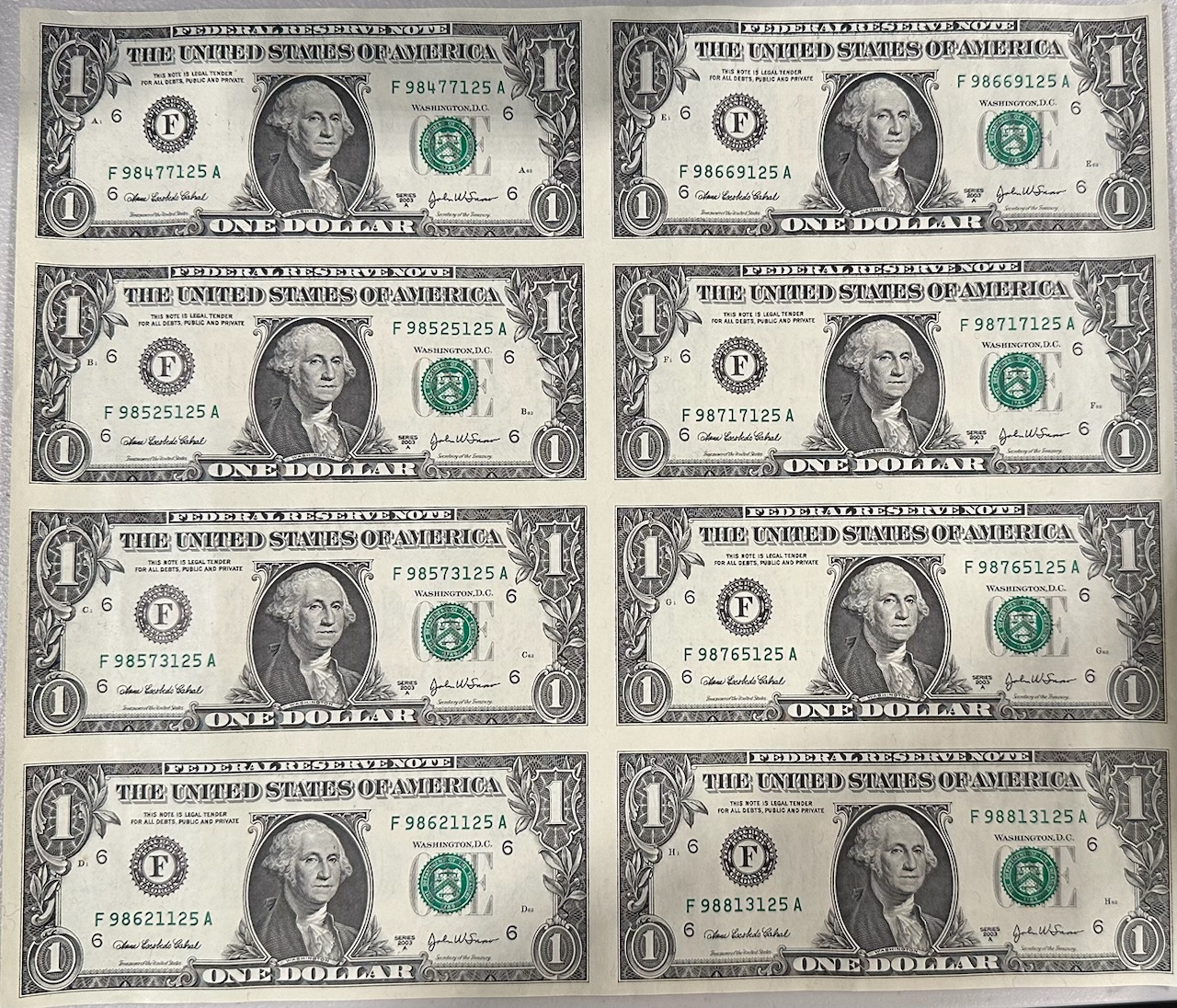 2003 U.S. Mint 8 Uncut $1 Bills