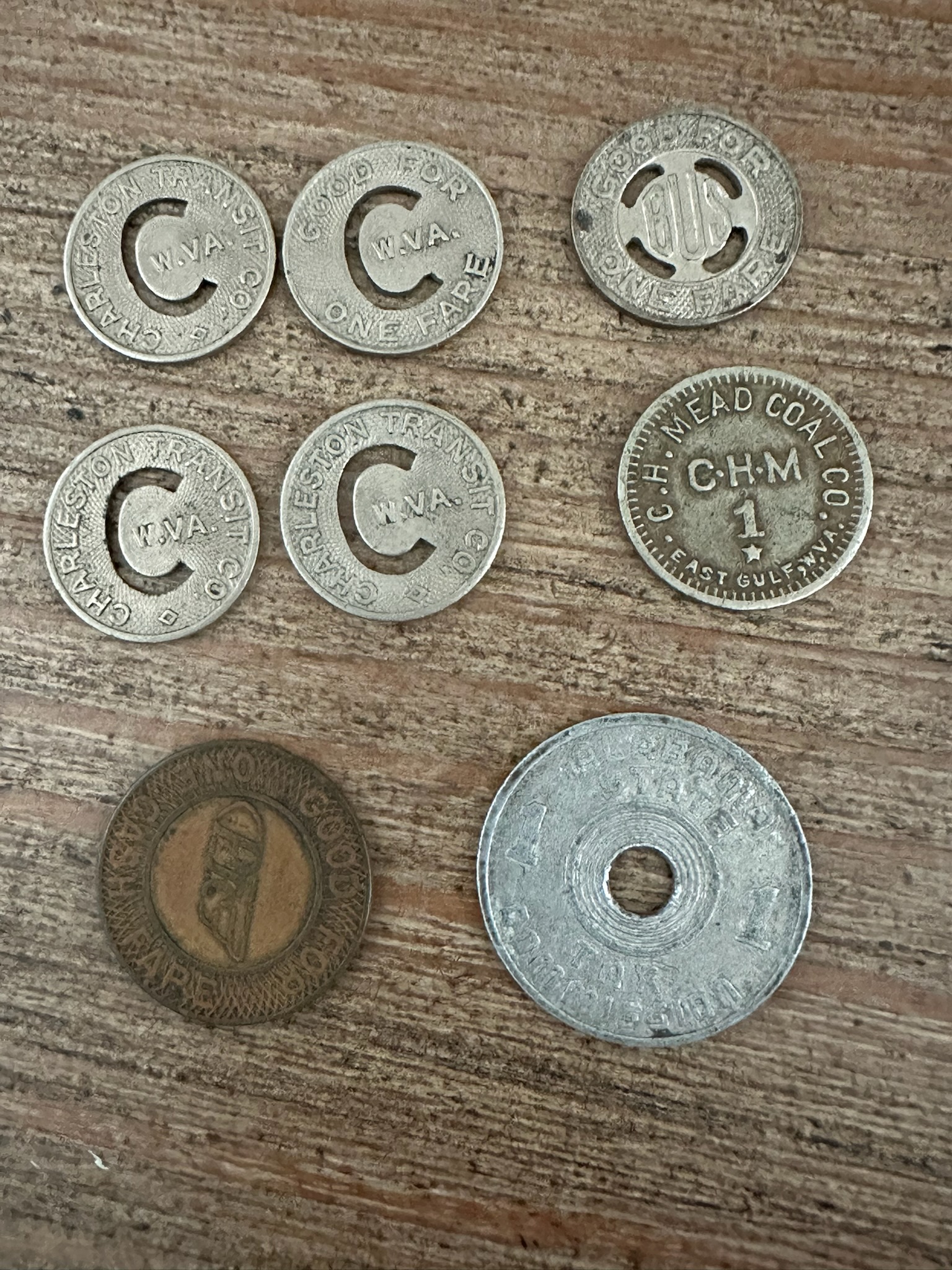8 pc Lot Fare Tokens (Charleston WV Trans Co, Philadelphia PTC, Alabama State Tax Commission Luxury Tax Token, SC Electric & Gas Co Bus, CH Mead Coal Co)