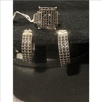 JTV Black Spinel/Rhodium over Sterling Silver Ring (Size 8) with matching Earrings