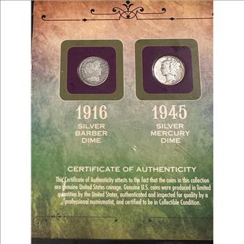 Last Year of Issue Silver Dime Collection (1916 Barber, 1945 Mercury Dime)