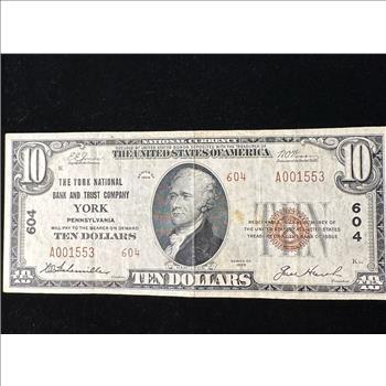 1929 The York National Bank and Trust Company National Currency Ten Dollar Bank Note