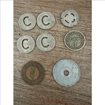 8 pc Lot Fare Tokens (Charleston WV Trans Co, Philadelphia PTC, Alabama State Tax Commission Luxury Tax Token, SC Electric & Gas Co Bus, CH Mead Coal Co)