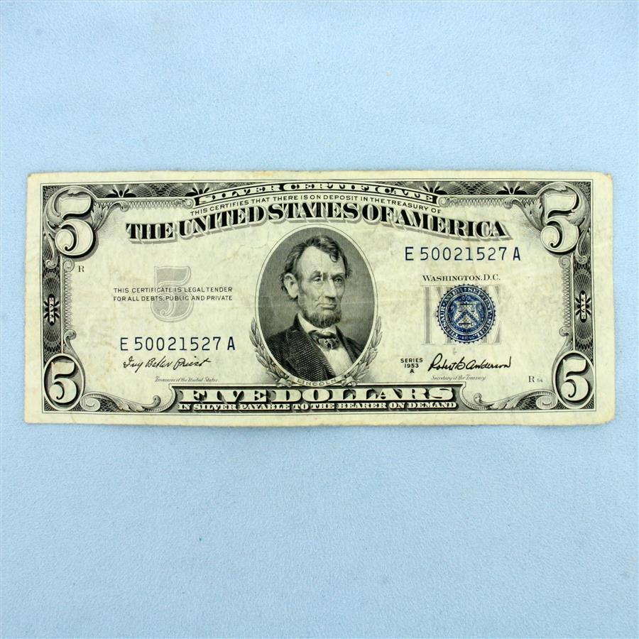 $5 Silver Certificate Blue Seal Federal Reserve Note Bill