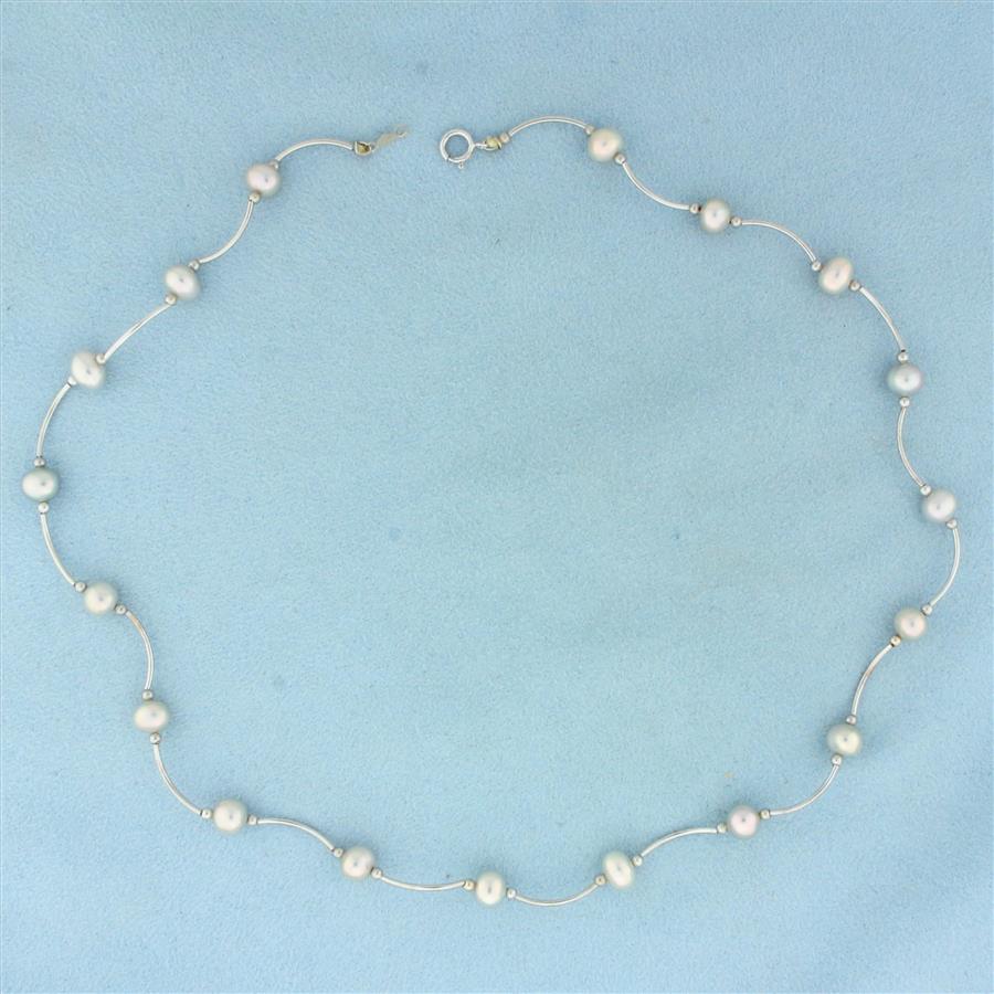 16 Inch Silver Pearl Station Choker Necklace in 14k White Gold