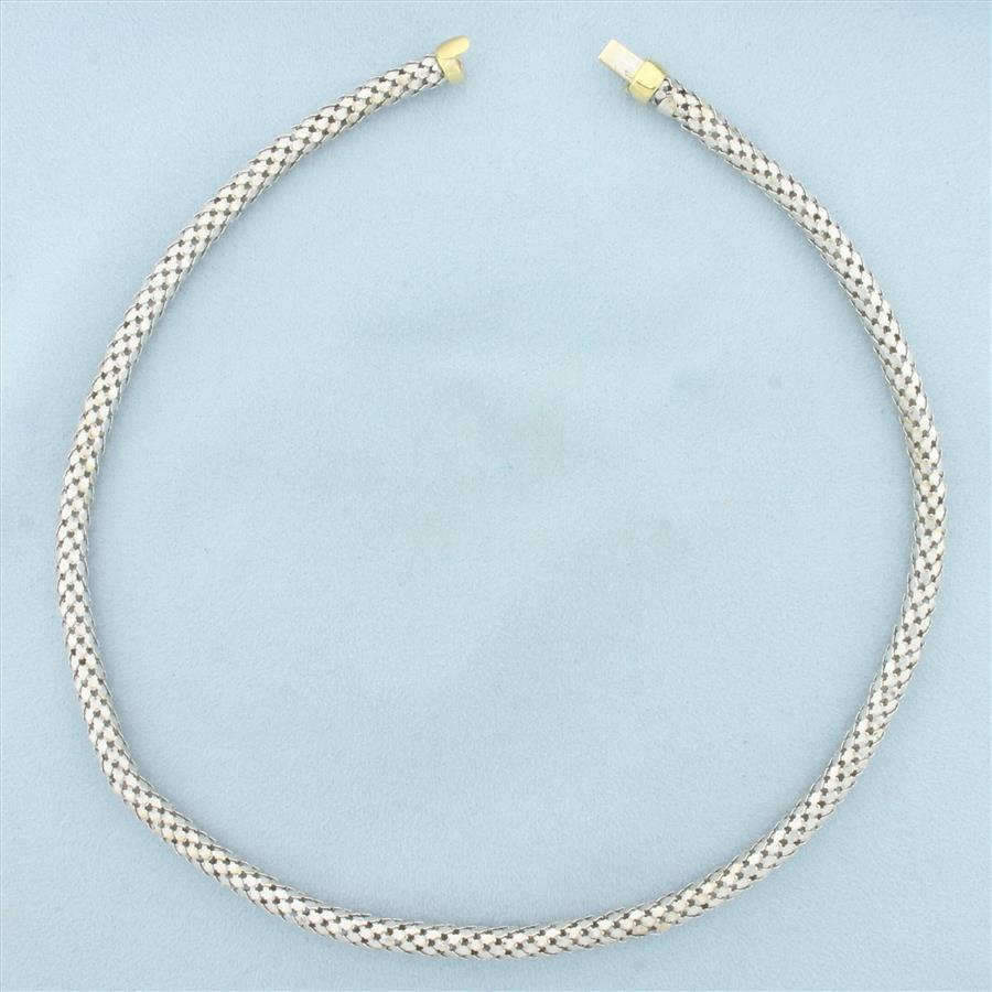 18 Inch Italian Designer Mesh Link Necklace in 18k White and Yellow Gold