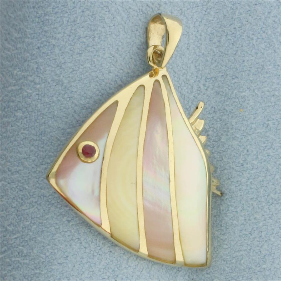 Angelfish Pendant with Mother of Pearl Inlay and Ruby Eye in 14k Yellow Gold