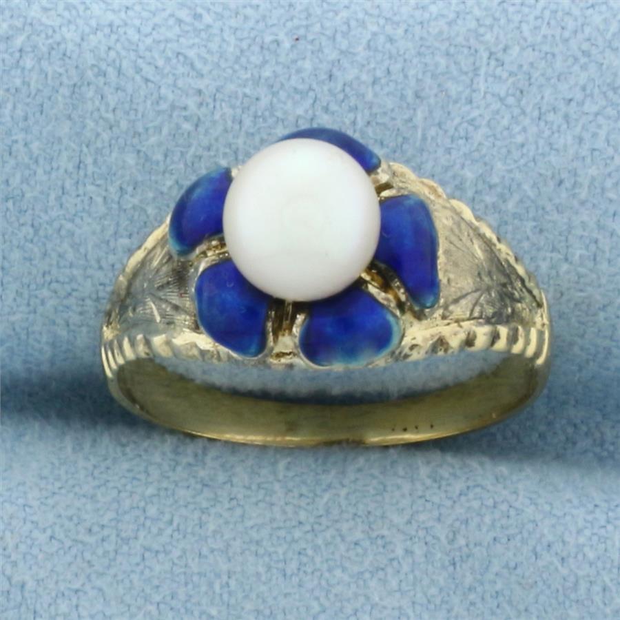 Antique Blue Enamel Cultured Akoya Pearl Ring in 18k Yellow Gold