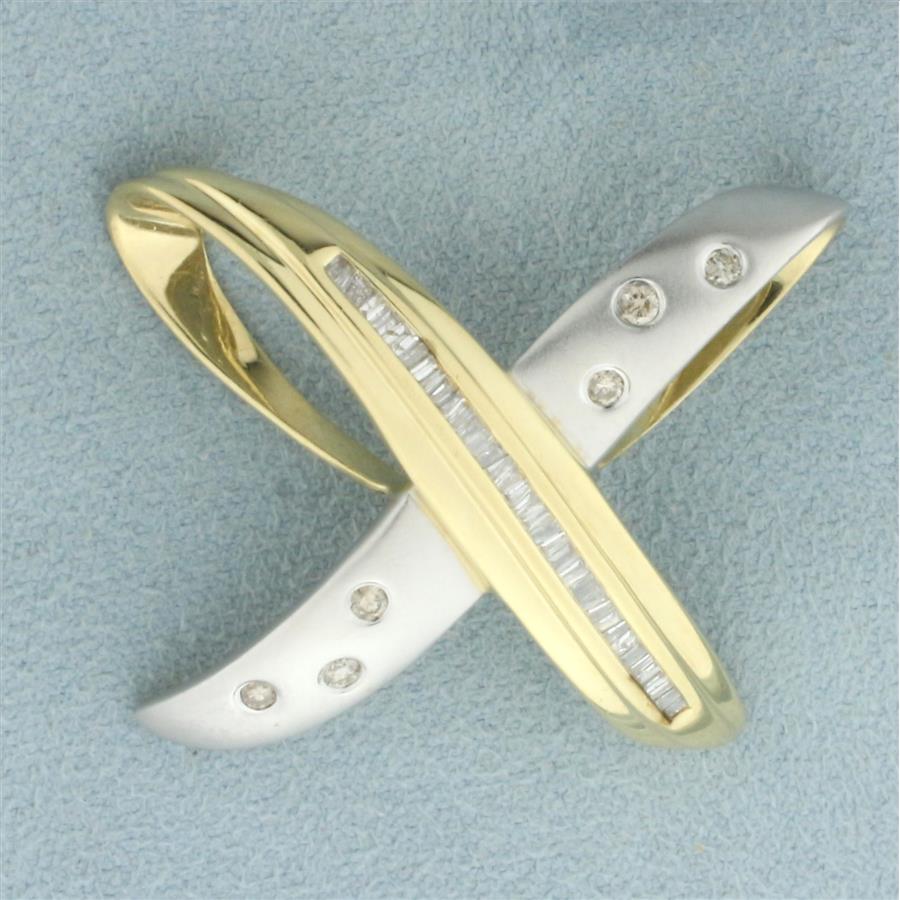 Baguette and Round Diamond  X Design Slide Pendant in 14k Yellow and White Gold