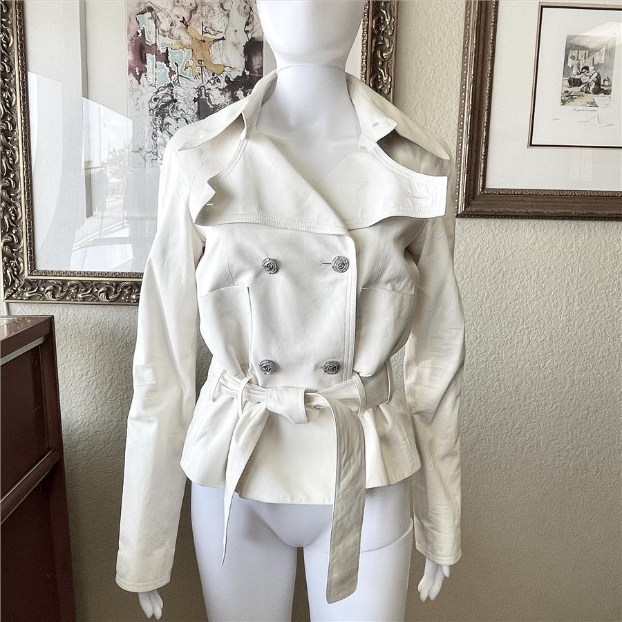 Chanel 12C Double Breasted White Lambskin Belted Leather Biker Jacket 40