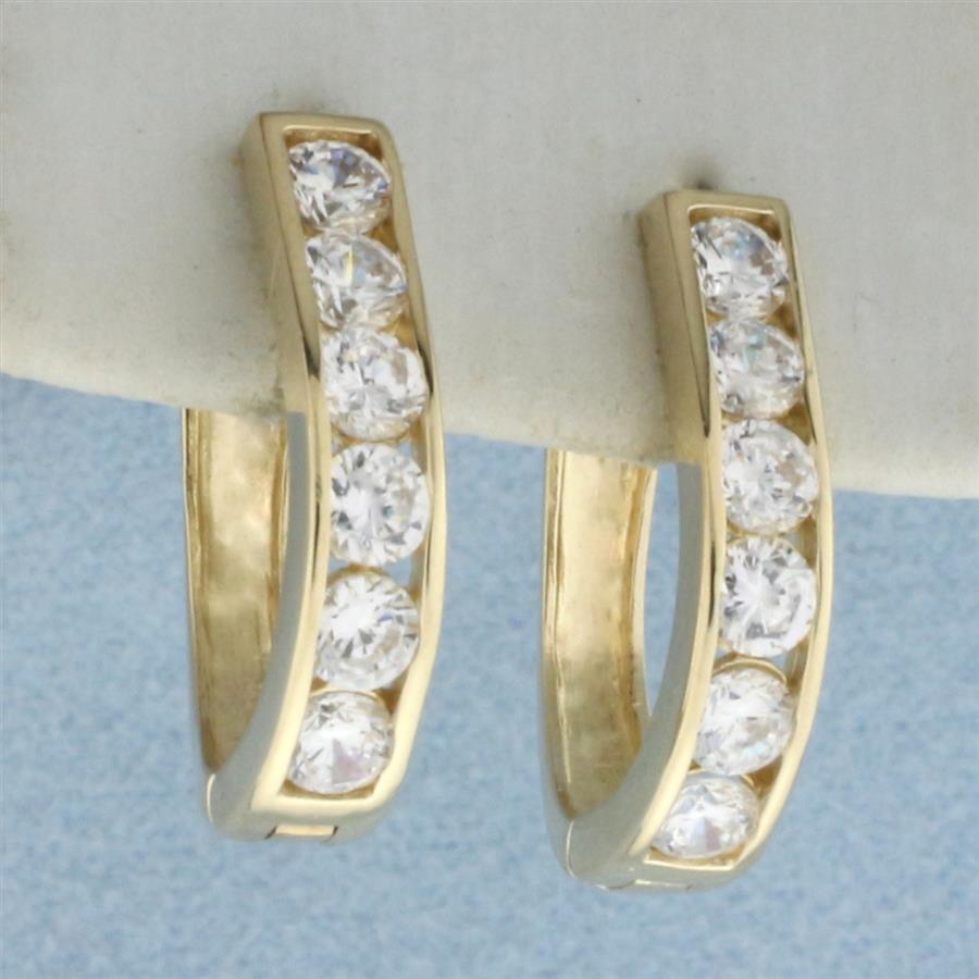 Channel Set CZ Hinged Hoop Earrings in 14k Yellow Gold