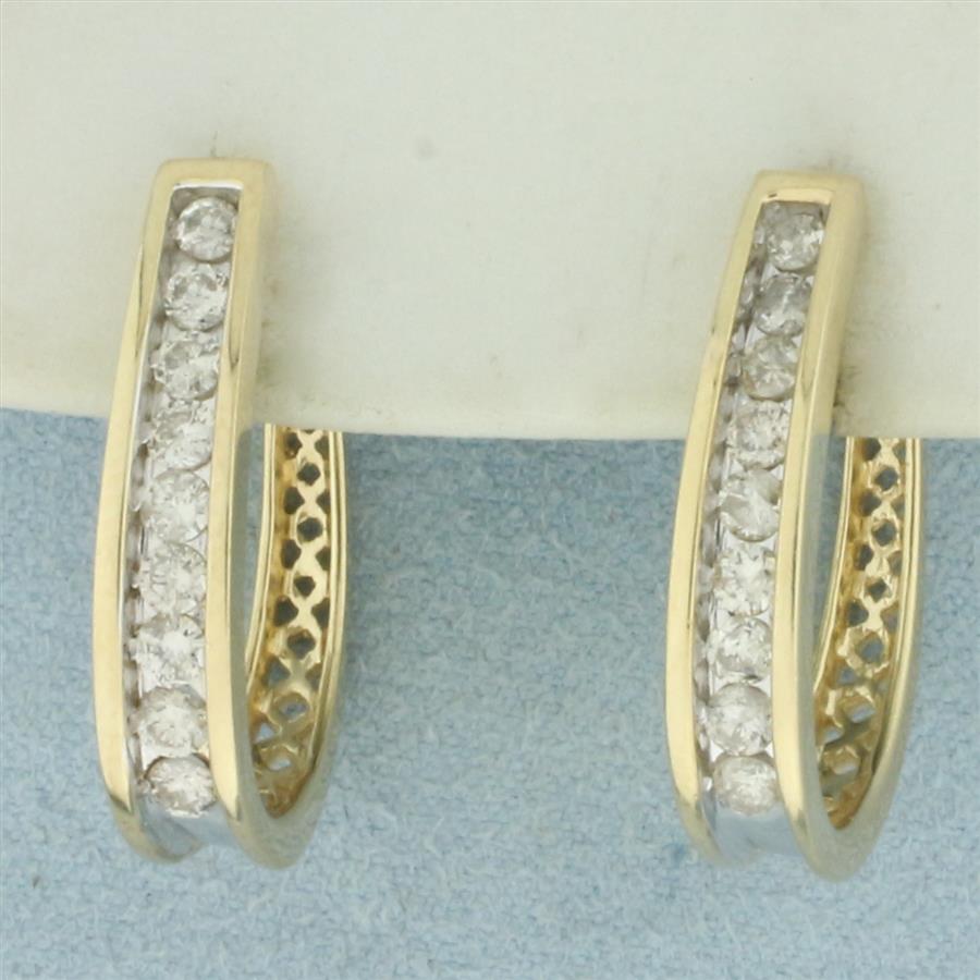 Channel Set Diamond Hoop Earrings in 10k Yellow Gold