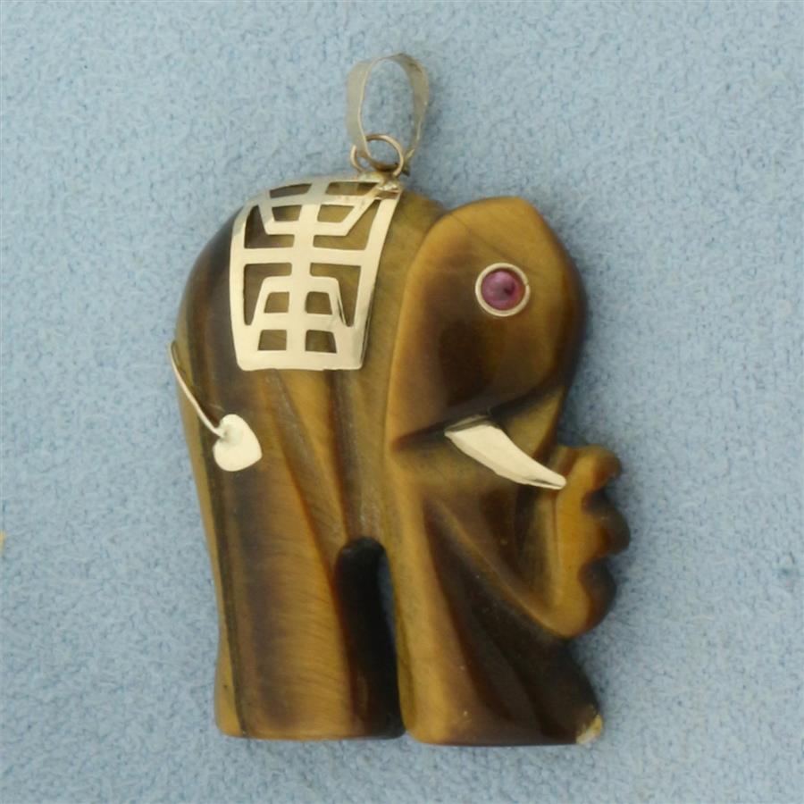Chinese Good Luck Tigers Eye and Ruby Elephant Pendant in 14k Yellow Gold
